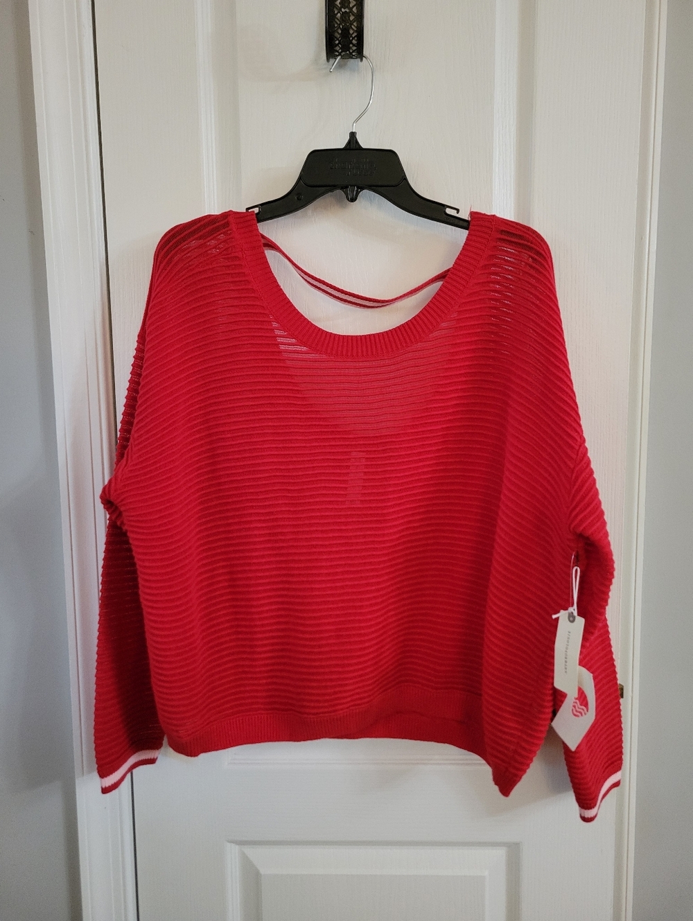 NWT Anthropologie Daily Practice Red Open Back Racing Stripe Sweater Medium
